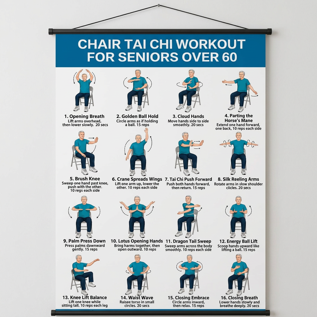 1:1 比例的蓝色 CHAIR TAI CHI WORKOUT 海报