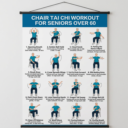 1:1 比例的蓝色 CHAIR TAI CHI WORKOUT 海报