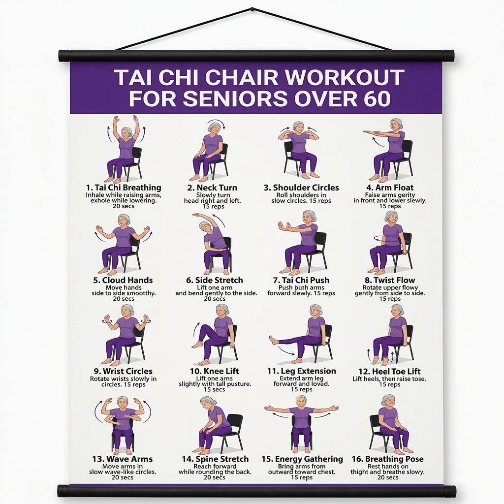 1:1 比例的紫色 TAi CHI CHAIR WORKOUT 海报