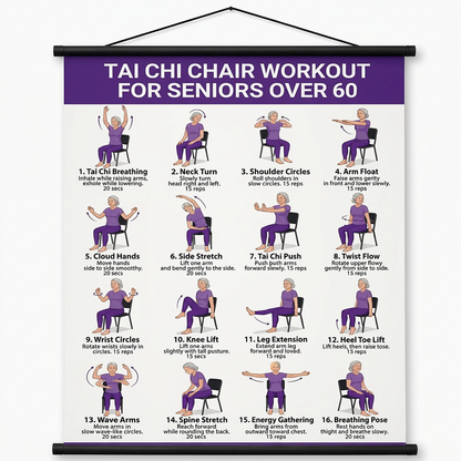 1:1 比例的紫色 TAi CHI CHAIR WORKOUT 海报
