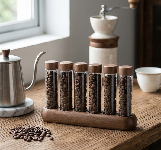 Walnut Wood Coffee Bean Display Stand – Elegant Countertop Coffee Organizer